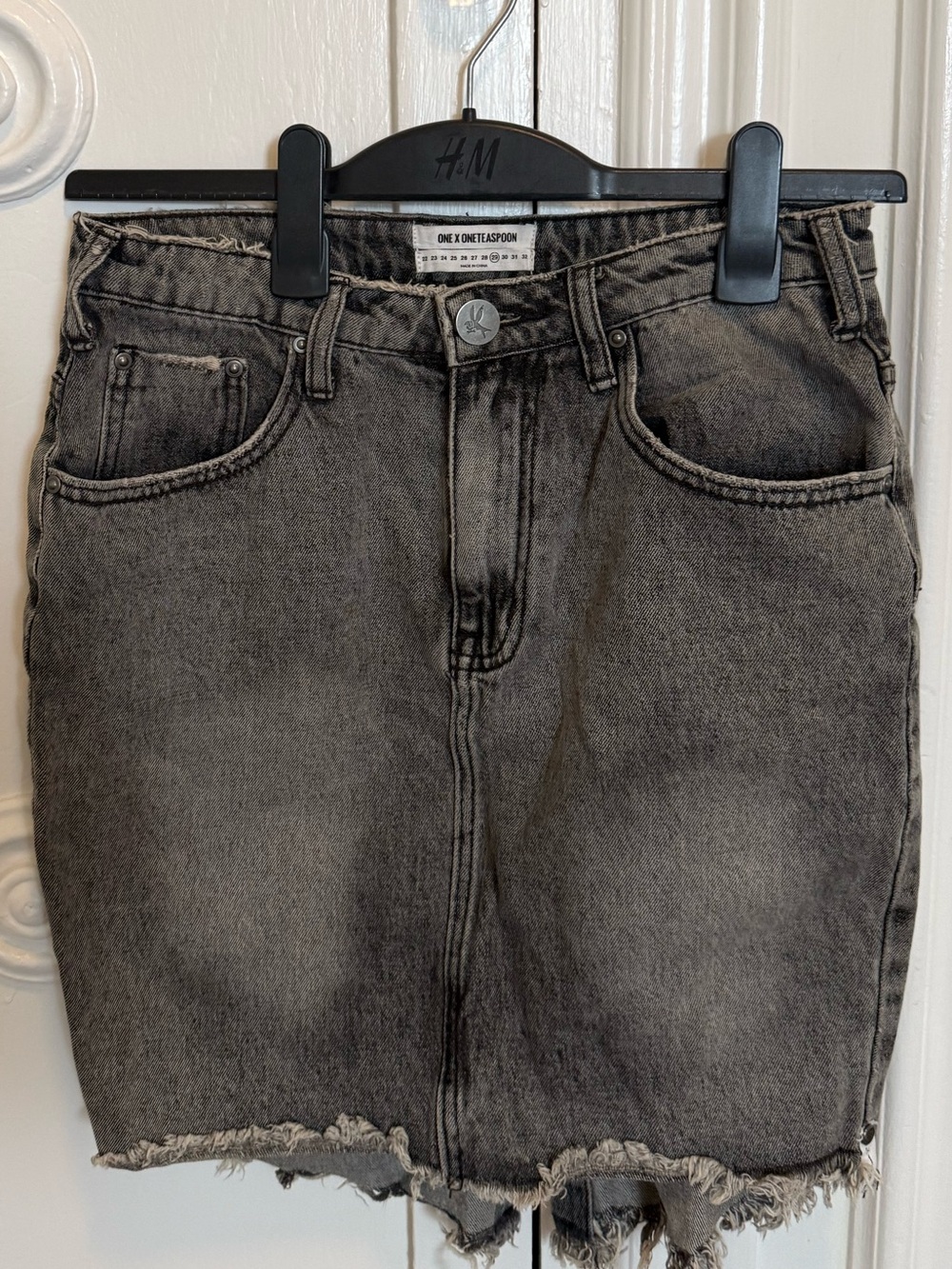 Gray Washed Denim Mini Skirt Frayed Hem